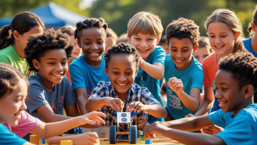 Image shows a diverse collection of children with blue tee shirts gathered with excitement around a small DIY robot.
