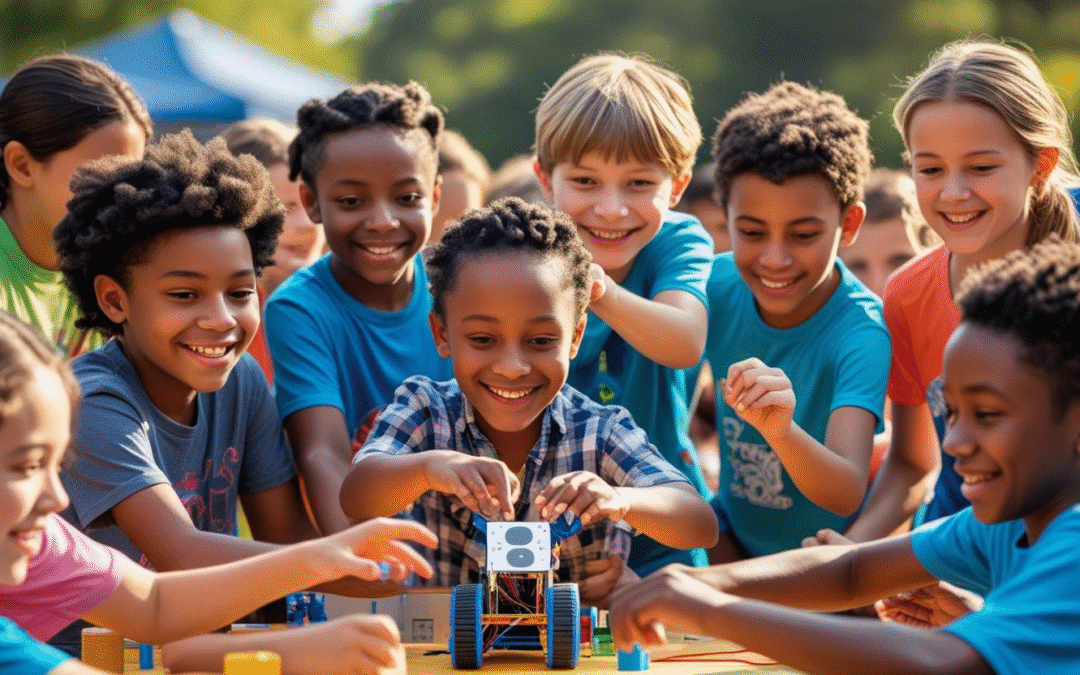 Image shows a diverse collection of children with blue tee shirts gathered with excitement around a small DIY robot.
