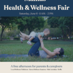 A mama lies on a yoga mat in a sunny park, lifting her baby overhead and smiling. Text overlay reads: Mamas' Health & Wellness Fair, Saturday June 6, 11 AM–2 PM, SHIFT Work + Play, Frederick MD. Free to attend, all families welcome.